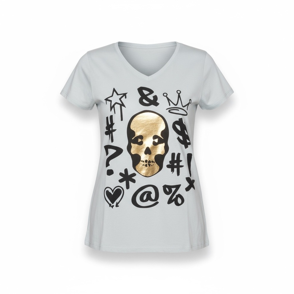 new me.n.u ☺︎︎ Graffiti Skull Foil Tee T Shirt ☺︎︎ Sky Blue ☺︎ Small 5 6 6X ☺︎
